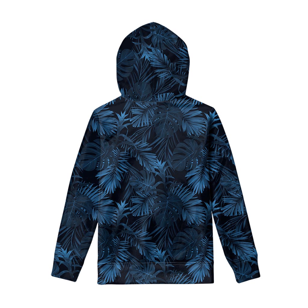 Dark Blue Tropical Leaf Pattern Print Pullover Hoodie