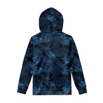 Dark Blue Tropical Leaf Pattern Print Pullover Hoodie