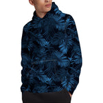 Dark Blue Tropical Leaf Pattern Print Pullover Hoodie