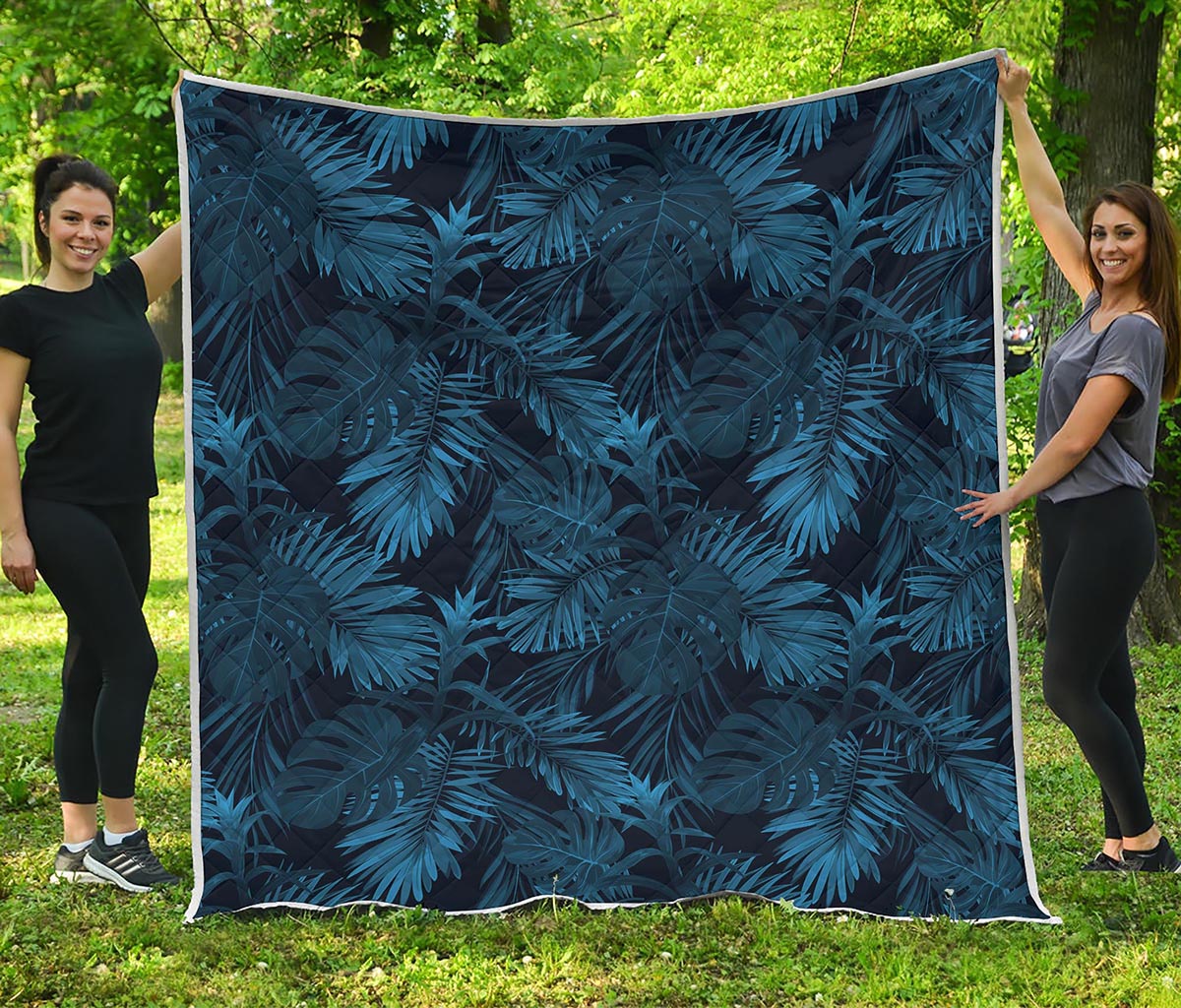 Dark Blue Tropical Leaf Pattern Print Quilt