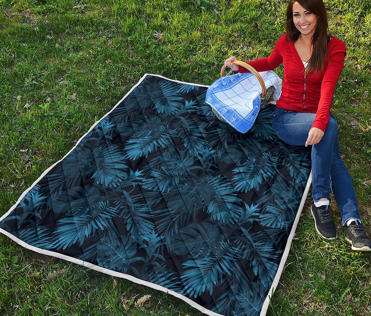 Dark Blue Tropical Leaf Pattern Print Quilt