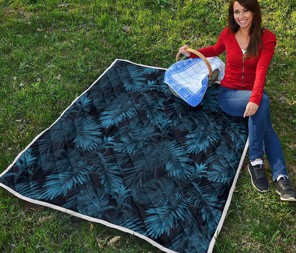 Dark Blue Tropical Leaf Pattern Print Quilt