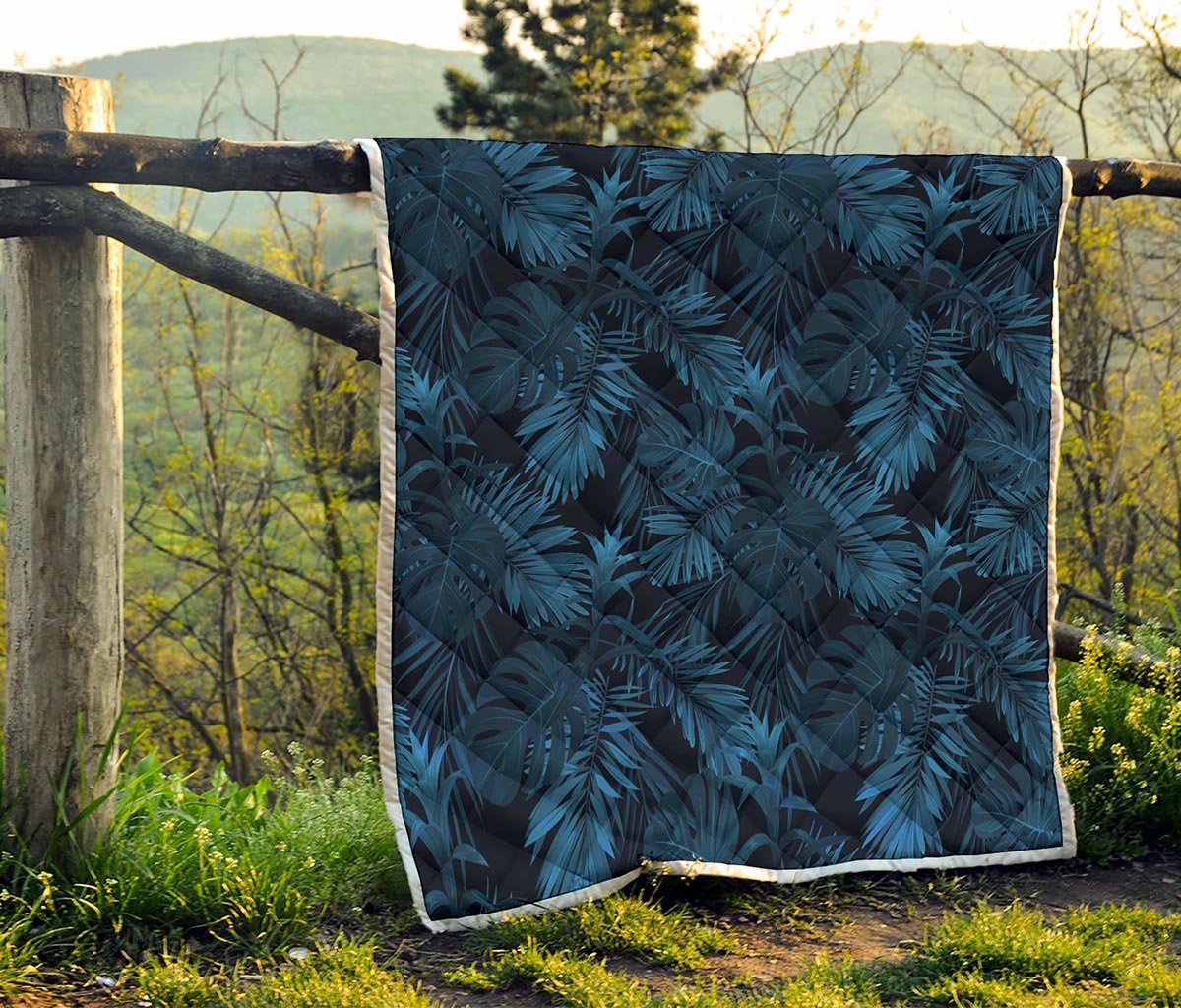 Dark Blue Tropical Leaf Pattern Print Quilt