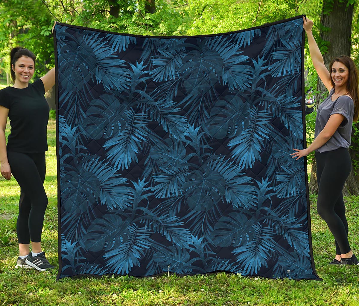 Dark Blue Tropical Leaf Pattern Print Quilt
