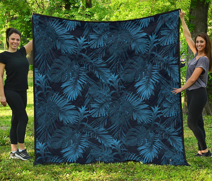 Dark Blue Tropical Leaf Pattern Print Quilt