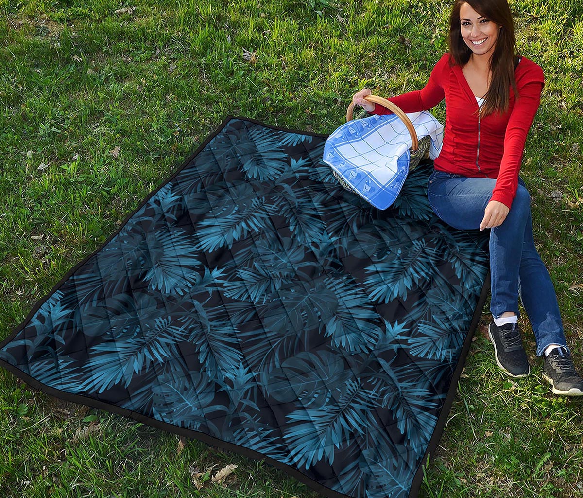 Dark Blue Tropical Leaf Pattern Print Quilt
