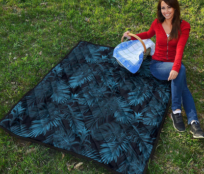 Dark Blue Tropical Leaf Pattern Print Quilt