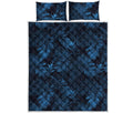 Dark Blue Tropical Leaf Pattern Print Quilt Bed Set