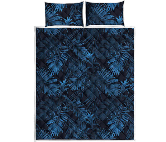 Dark Blue Tropical Leaf Pattern Print Quilt Bed Set