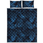 Dark Blue Tropical Leaf Pattern Print Quilt Bed Set
