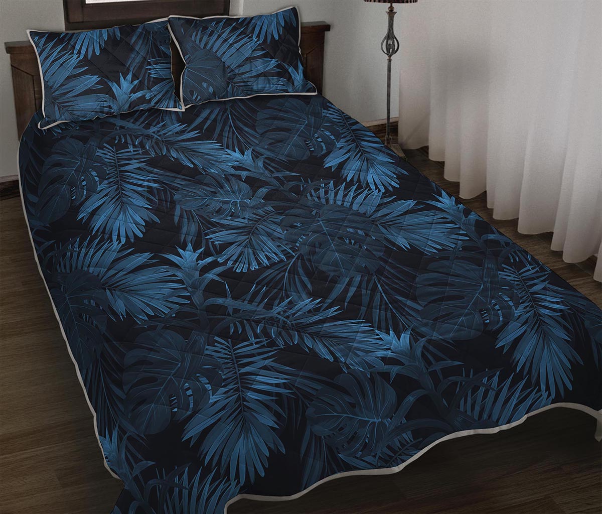 Dark Blue Tropical Leaf Pattern Print Quilt Bed Set
