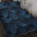 Dark Blue Tropical Leaf Pattern Print Quilt Bed Set