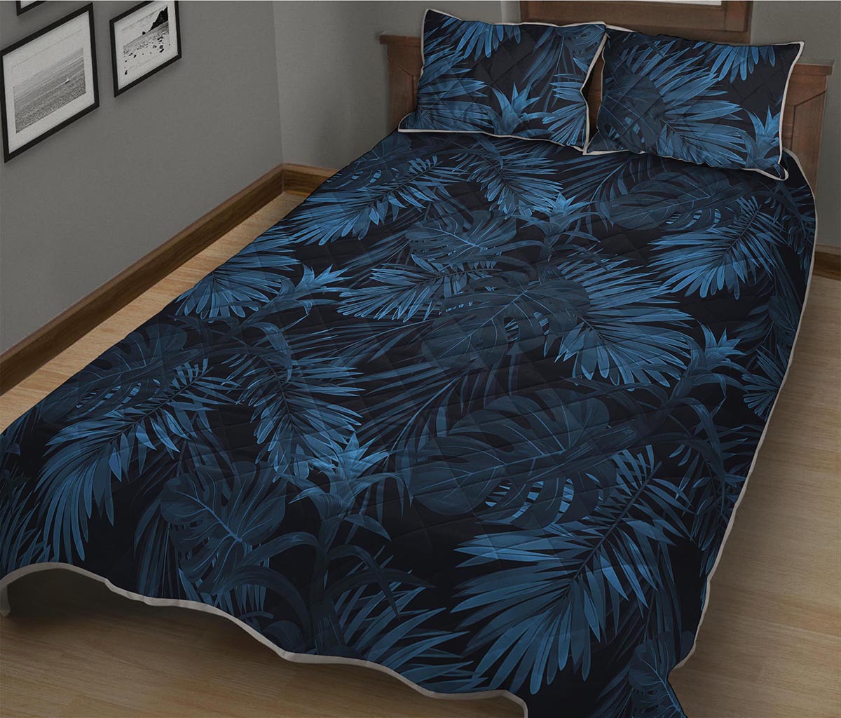 Dark Blue Tropical Leaf Pattern Print Quilt Bed Set