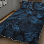 Dark Blue Tropical Leaf Pattern Print Quilt Bed Set