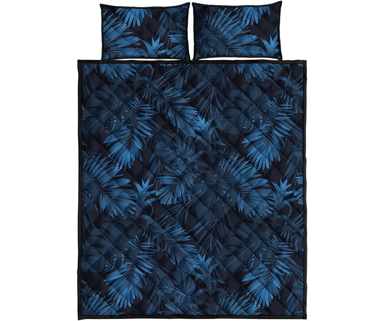 Dark Blue Tropical Leaf Pattern Print Quilt Bed Set
