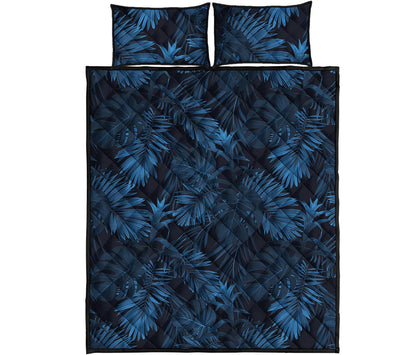 Dark Blue Tropical Leaf Pattern Print Quilt Bed Set