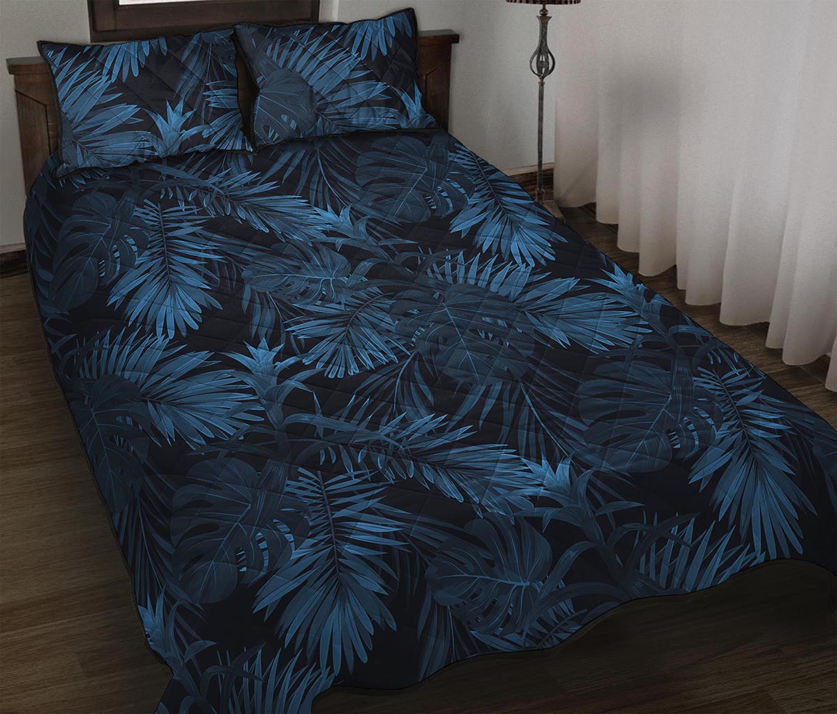Dark Blue Tropical Leaf Pattern Print Quilt Bed Set