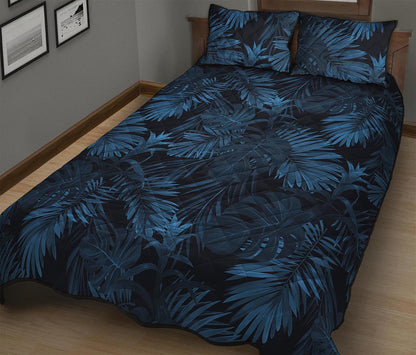 Dark Blue Tropical Leaf Pattern Print Quilt Bed Set