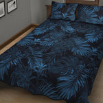 Dark Blue Tropical Leaf Pattern Print Quilt Bed Set