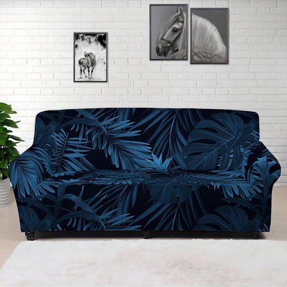 Dark Blue Tropical Leaf Pattern Print Sofa Cover