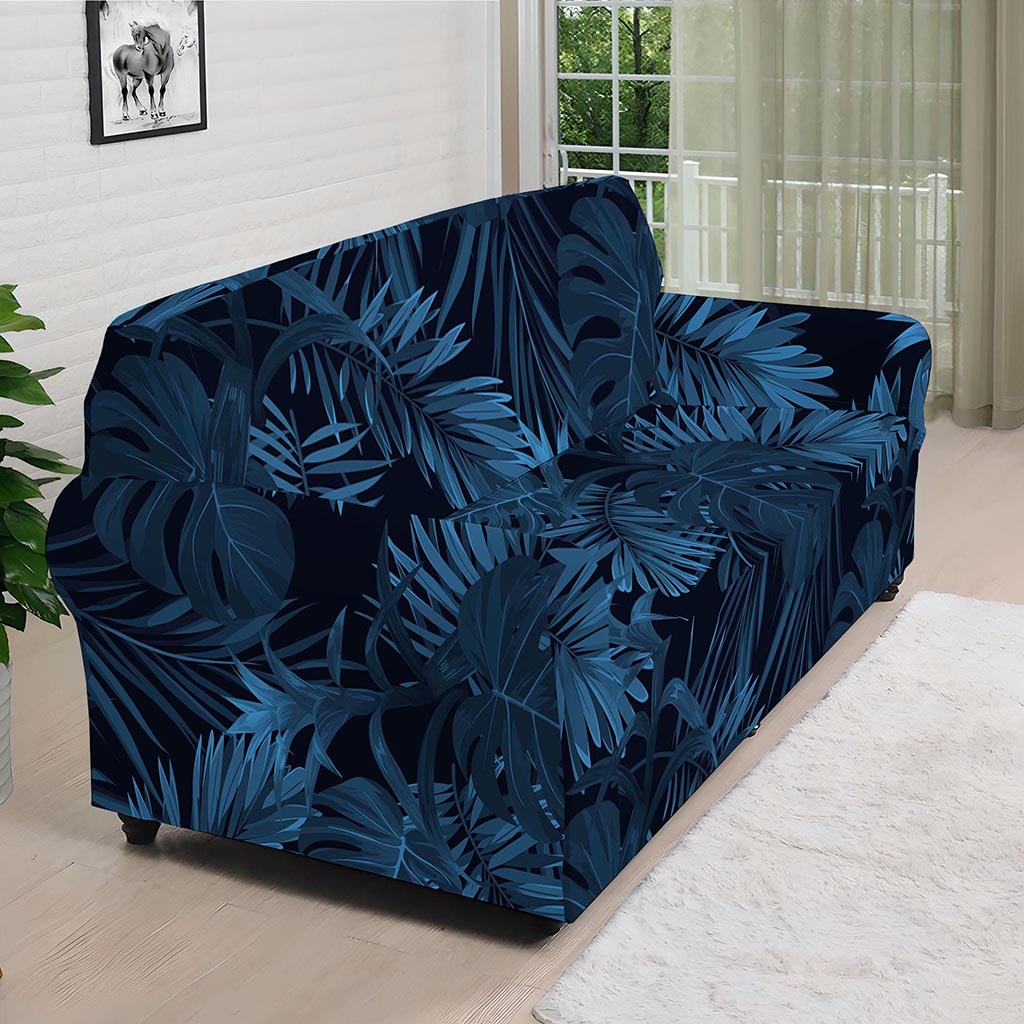 Dark Blue Tropical Leaf Pattern Print Sofa Cover