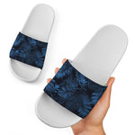 Dark Blue Tropical Leaf Pattern Print White Slide Sandals