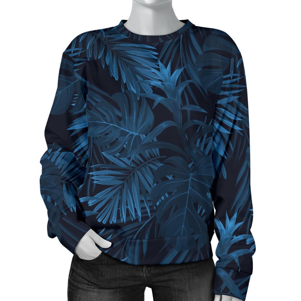 Dark Blue Tropical Leaf Pattern Print Women's Crewneck Sweatshirt GearFrost