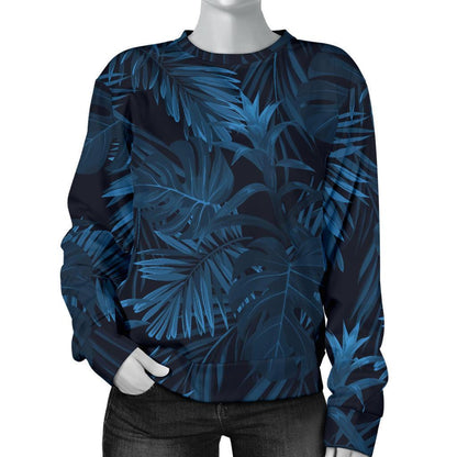Dark Blue Tropical Leaf Pattern Print Women's Crewneck Sweatshirt GearFrost