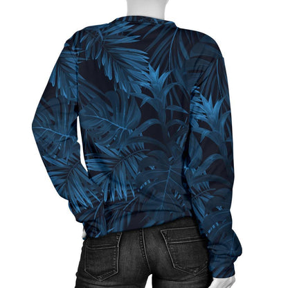 Dark Blue Tropical Leaf Pattern Print Women's Crewneck Sweatshirt GearFrost