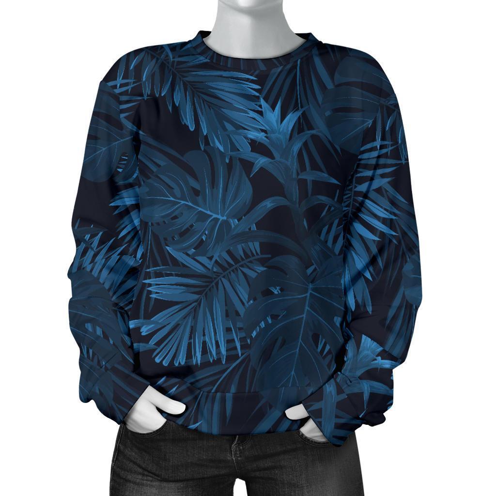 Dark Blue Tropical Leaf Pattern Print Women's Crewneck Sweatshirt GearFrost