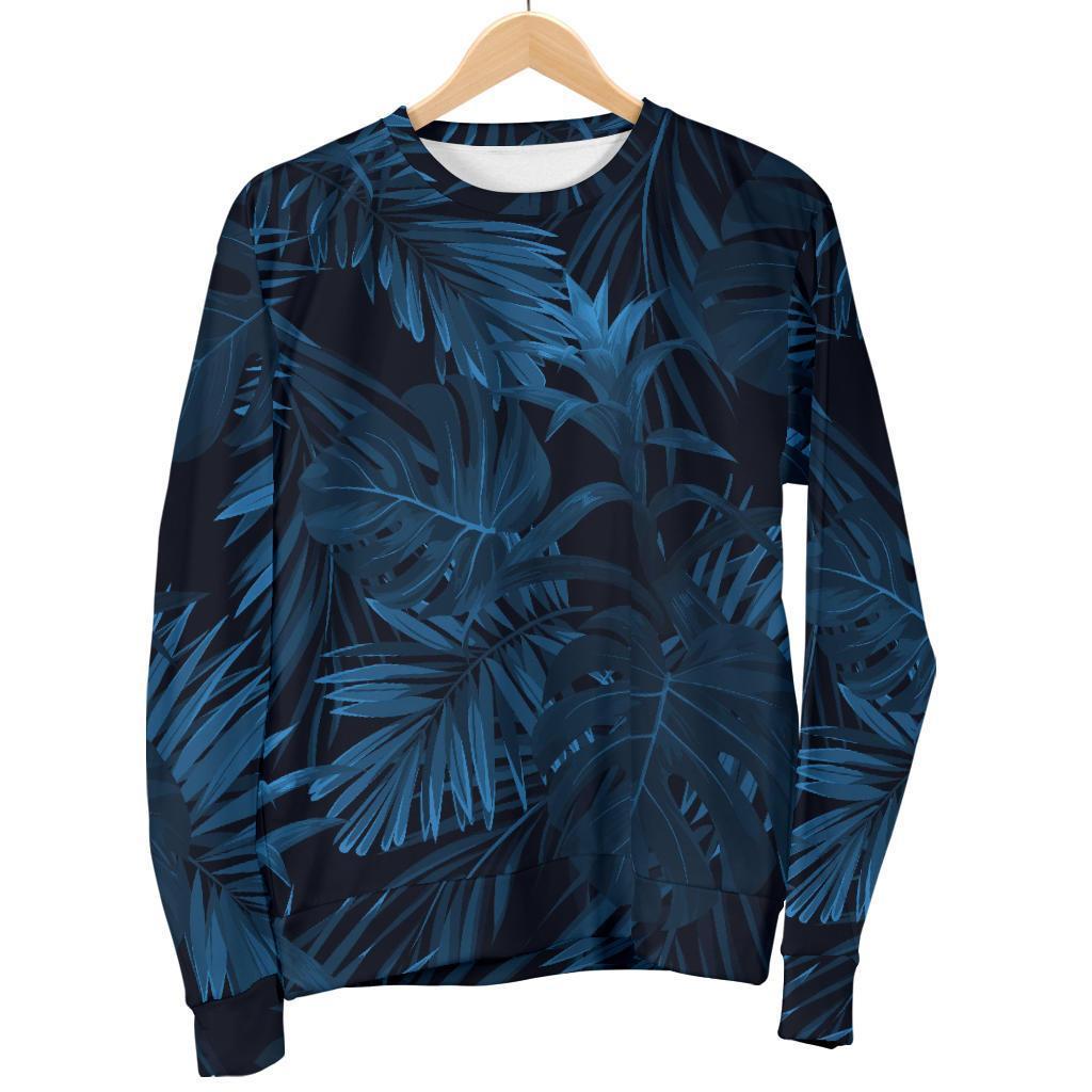 Dark Blue Tropical Leaf Pattern Print Women's Crewneck Sweatshirt GearFrost