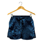 Dark Blue Tropical Leaf Pattern Print Women's Shorts