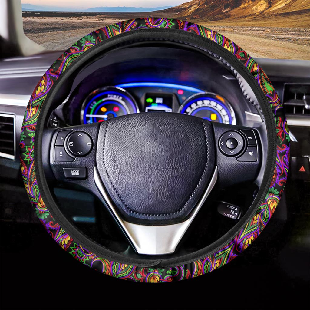 Dark Bohemian Paisley Pattern Print Car Steering Wheel Cover
