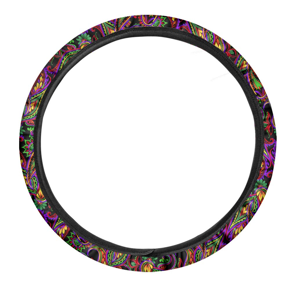 Dark Bohemian Paisley Pattern Print Car Steering Wheel Cover