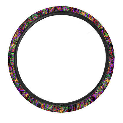 Dark Bohemian Paisley Pattern Print Car Steering Wheel Cover