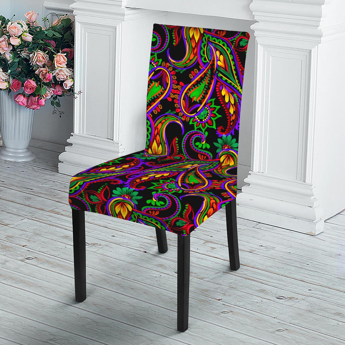 Dark Bohemian Paisley Pattern Print Dining Chair Slipcover