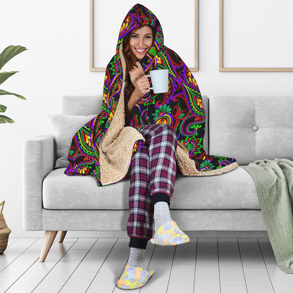 Dark Bohemian Paisley Pattern Print Hooded Blanket