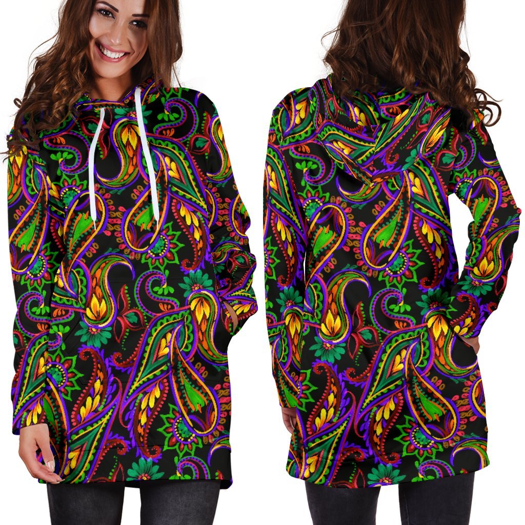 Dark Bohemian Paisley Pattern Print Hoodie Dress GearFrost