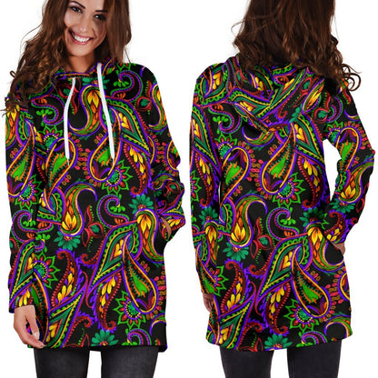 Dark Bohemian Paisley Pattern Print Hoodie Dress GearFrost