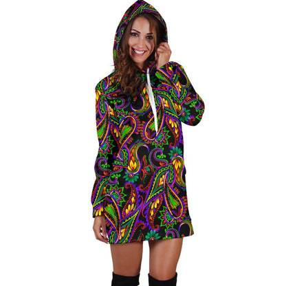 Dark Bohemian Paisley Pattern Print Hoodie Dress GearFrost