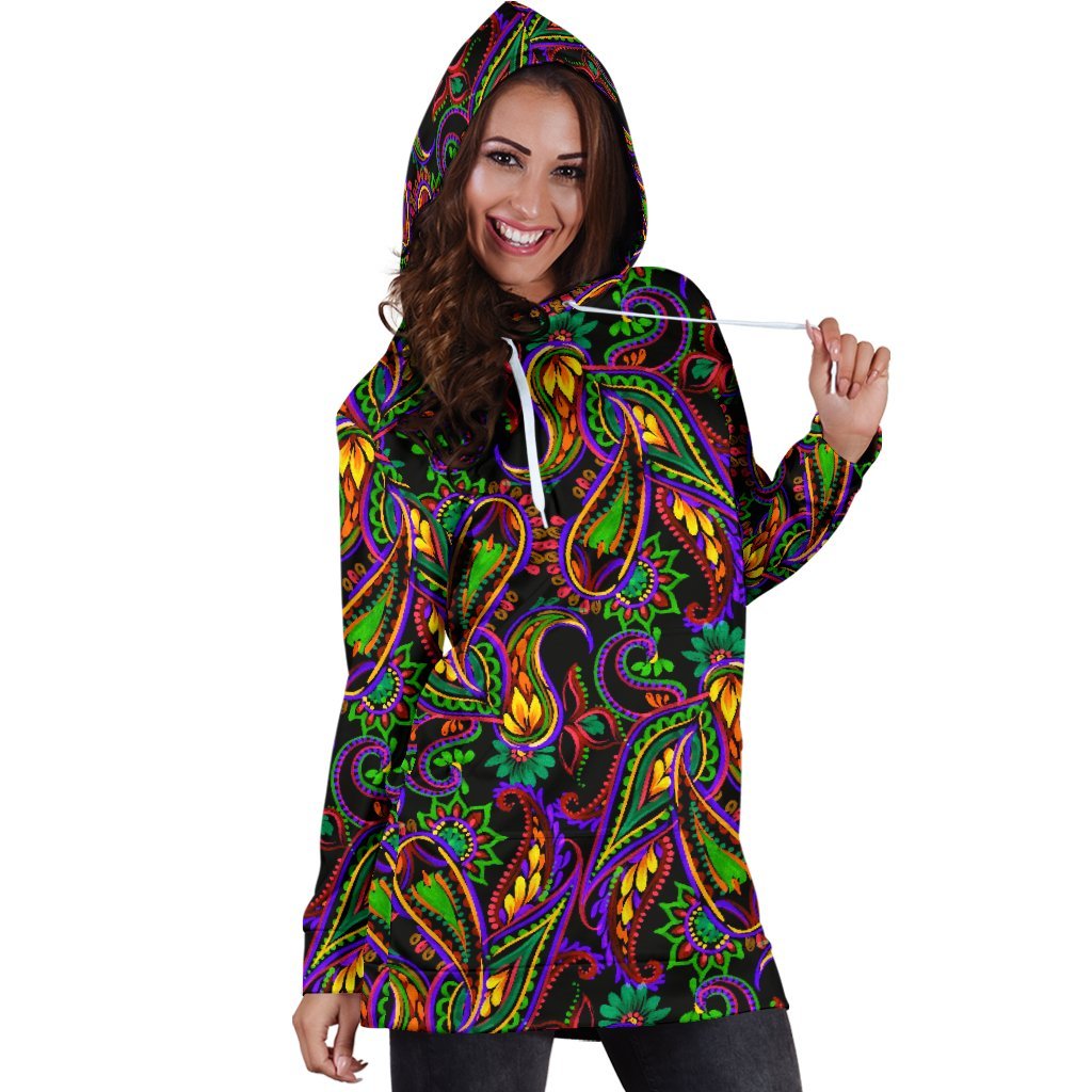 Dark Bohemian Paisley Pattern Print Hoodie Dress GearFrost