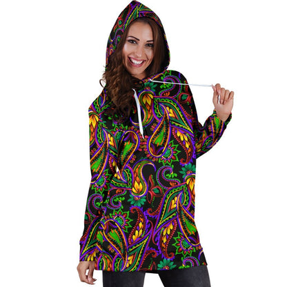 Dark Bohemian Paisley Pattern Print Hoodie Dress GearFrost