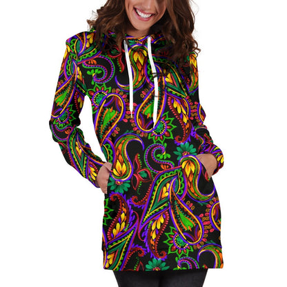 Dark Bohemian Paisley Pattern Print Hoodie Dress GearFrost