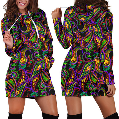 Dark Bohemian Paisley Pattern Print Hoodie Dress GearFrost