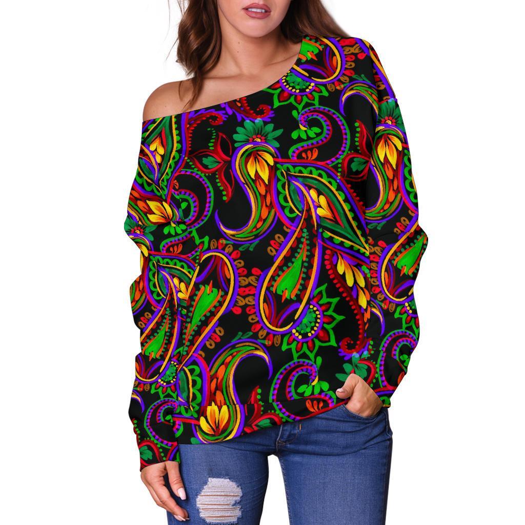 Dark Bohemian Paisley Pattern Print Off Shoulder Sweatshirt GearFrost