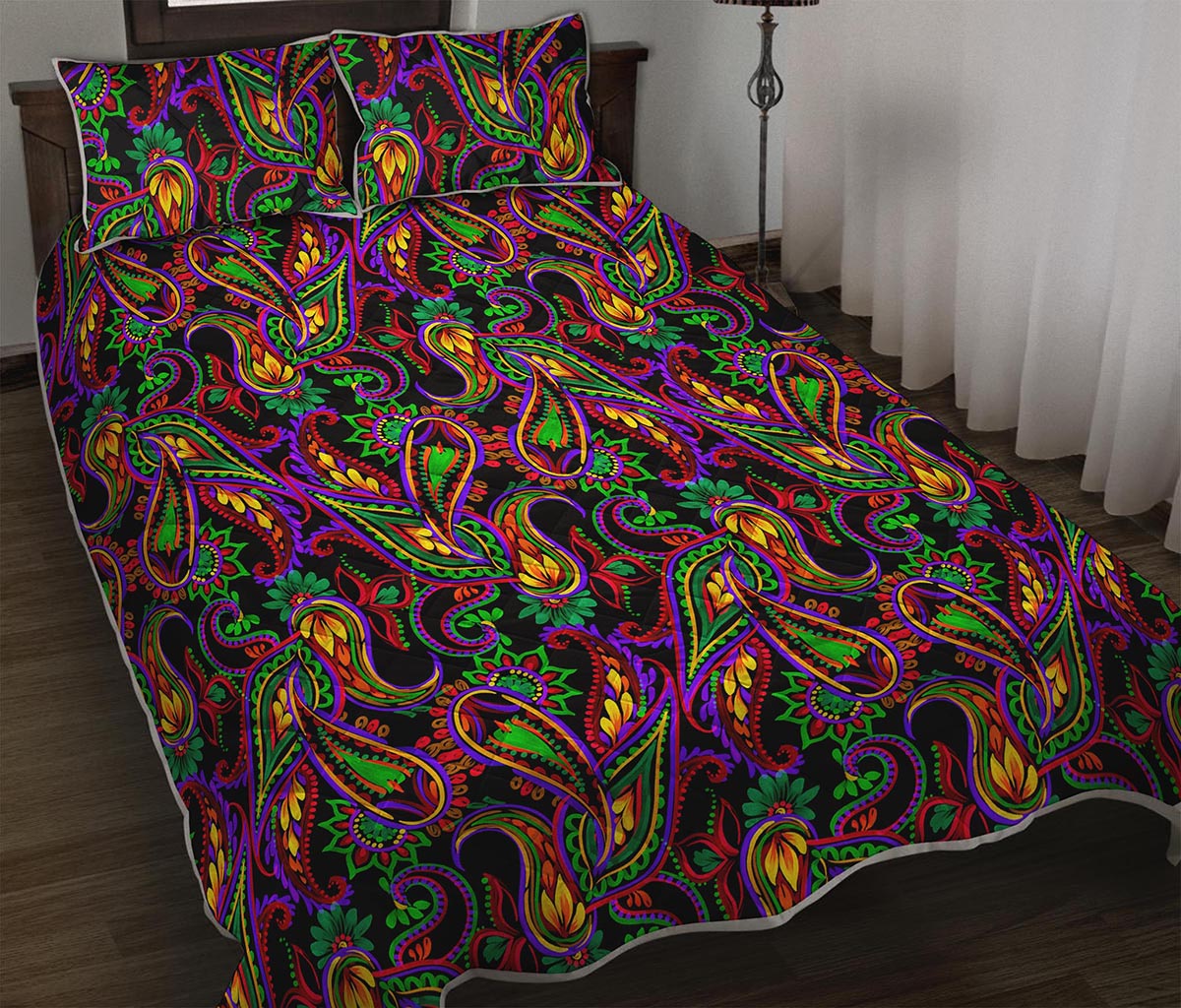 Dark Bohemian Paisley Pattern Print Quilt Bed Set