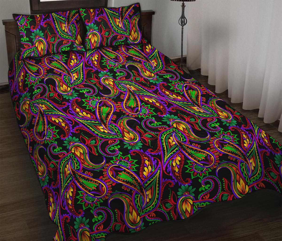 Dark Bohemian Paisley Pattern Print Quilt Bed Set