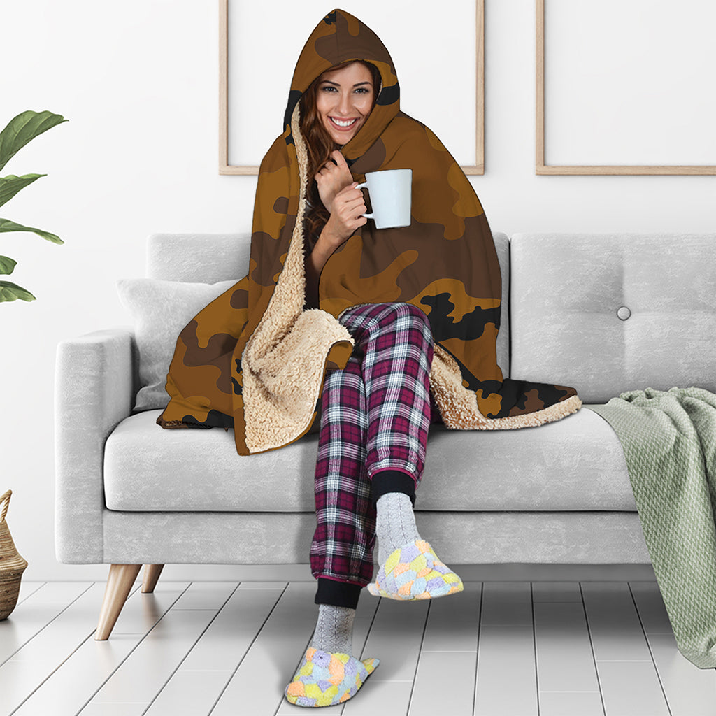Dark Brown Camouflage Print Hooded Blanket