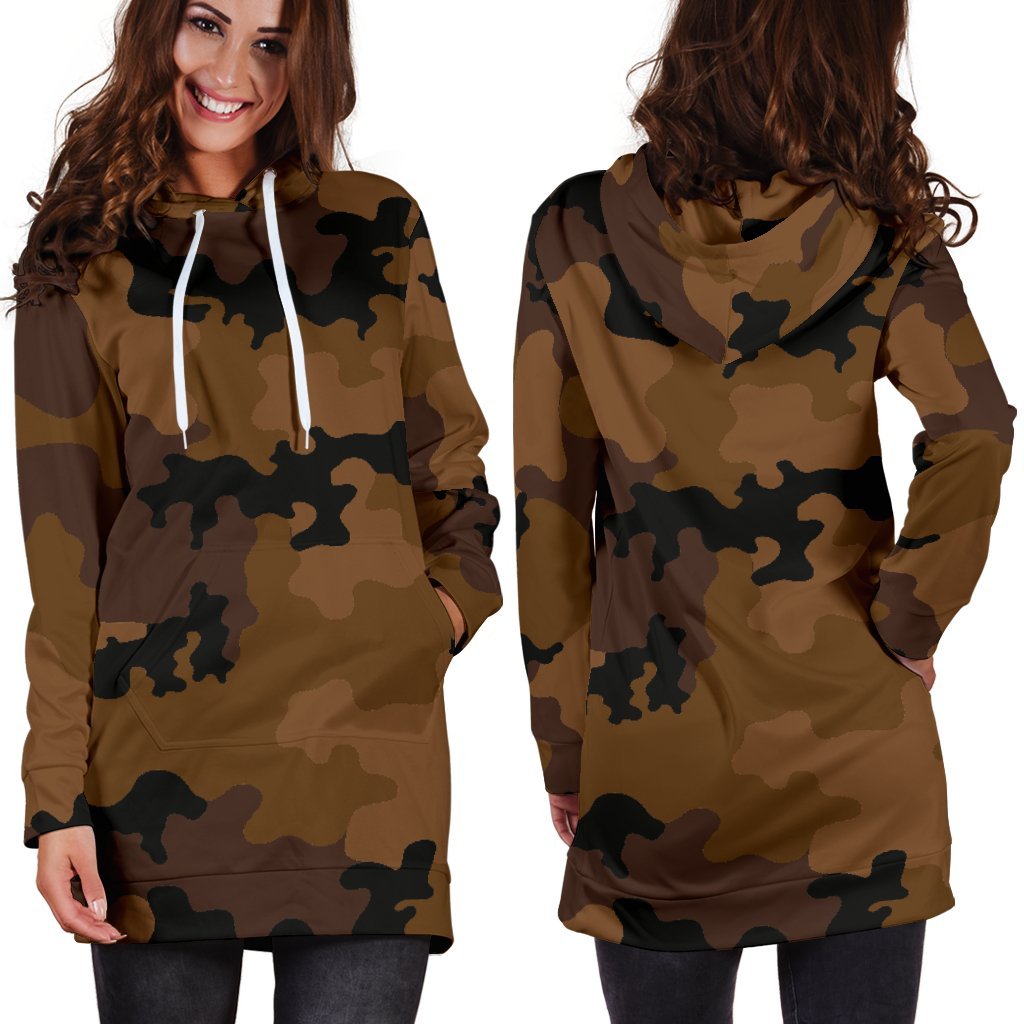 Dark Brown Camouflage Print Hoodie Dress GearFrost