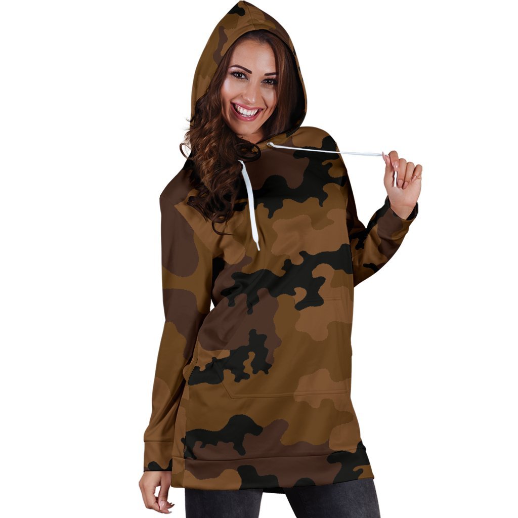 Dark Brown Camouflage Print Hoodie Dress GearFrost
